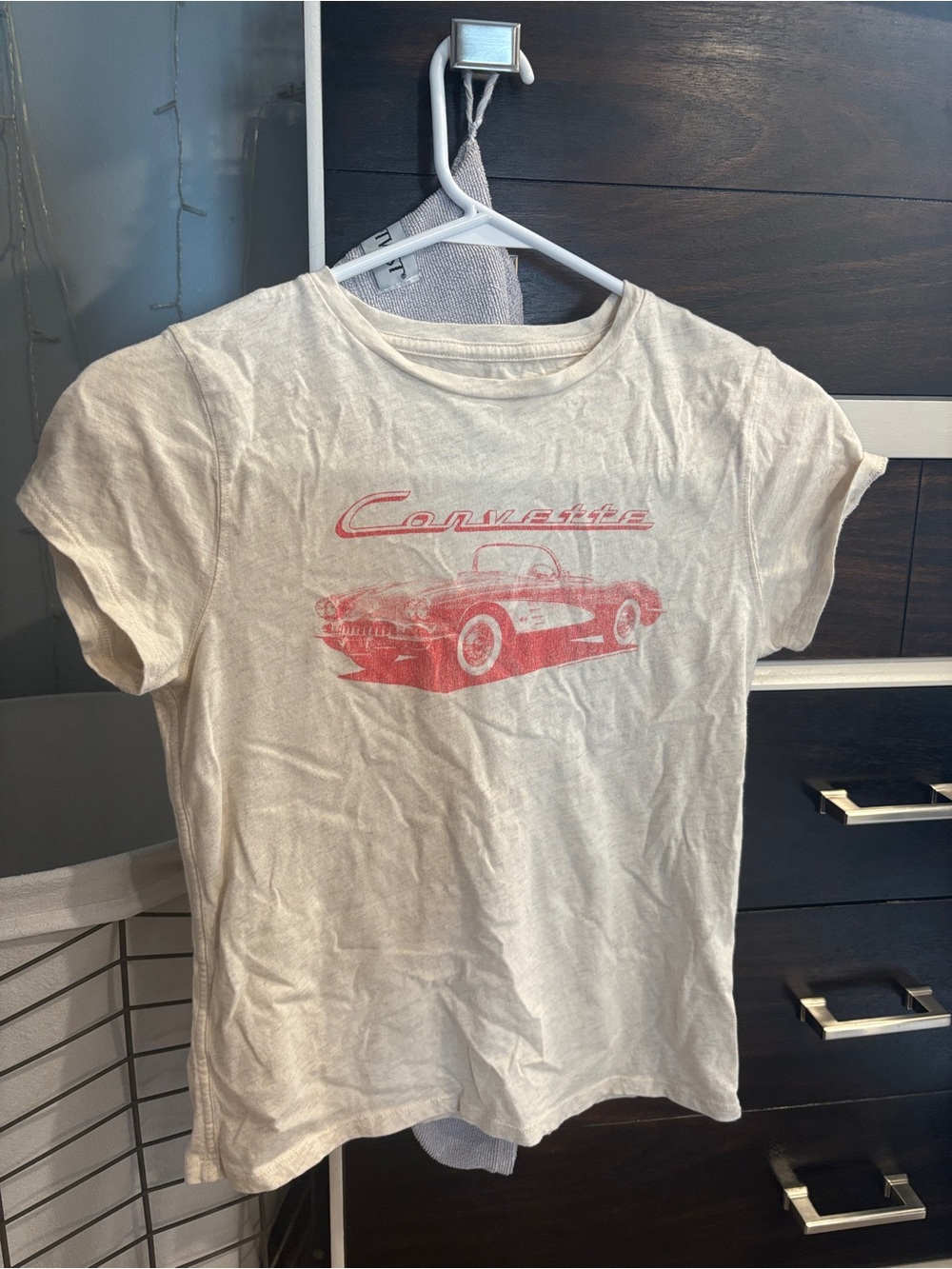 aerie Cream Short Sleeve Tee with Red Corvette Graphic